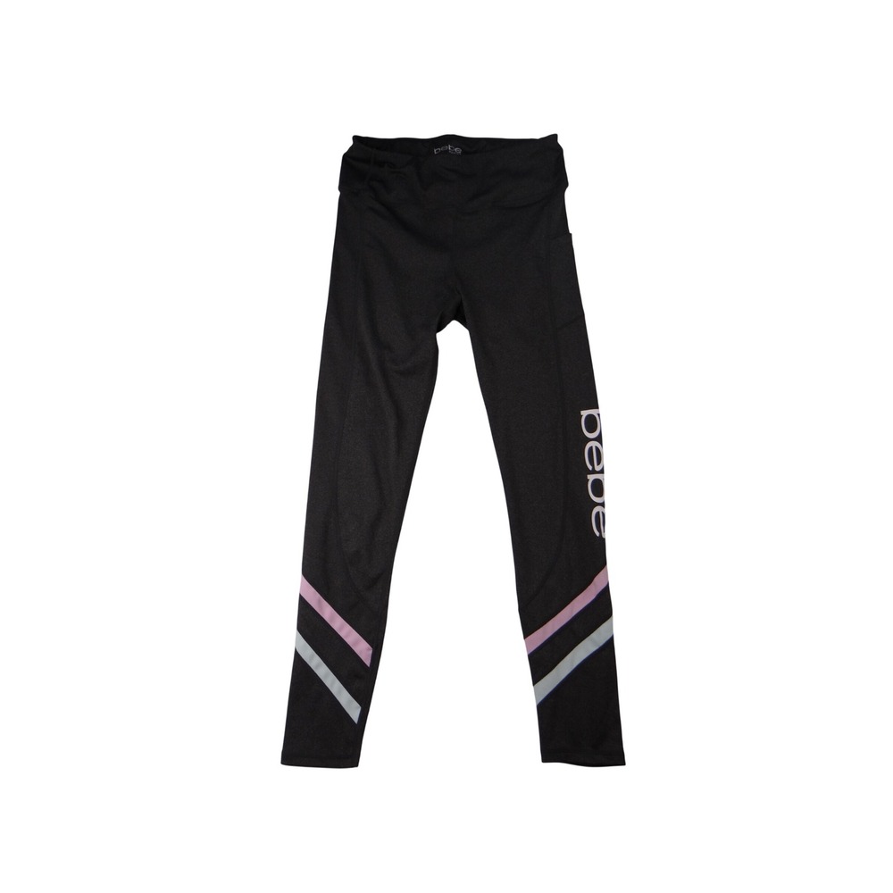 Bebe Sport Leggings Black Pink Blue Stripe Logo Athletic Activewear Size‎ L